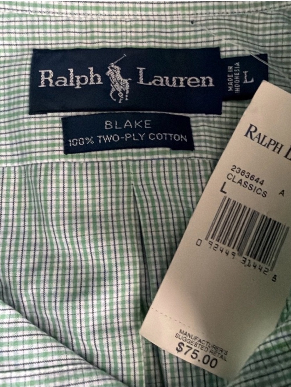 Ralph Lauren Men's Long Sleeve Button Classic Blake Cotton Shirt Green Check L